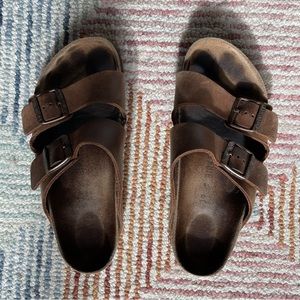 Birkenstock Arizona Two Strap Brown Leather Slide Sandals Size 39